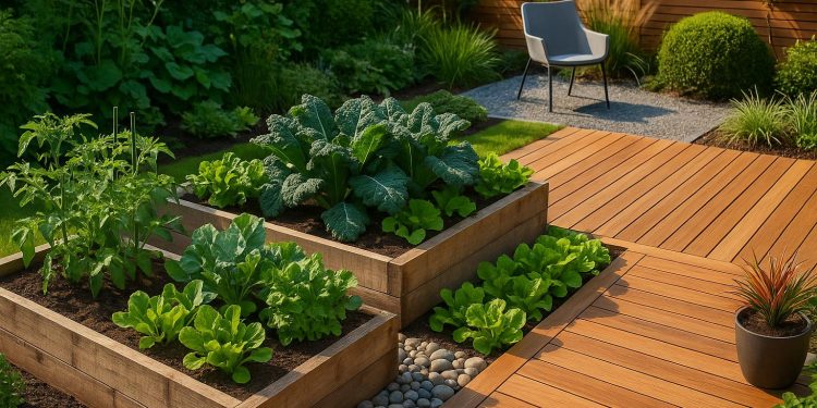 Modern garden with eco-friendly features, vertical planters, stylish wooden decking, lush greenery