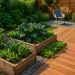 Modern garden with eco-friendly features, vertical planters, stylish wooden decking, lush greenery