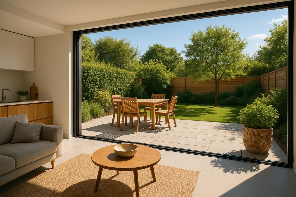 Sunny open-plan living space with modern decor and greenery, highlighting open-area lifestyle benefits