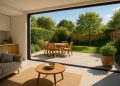 Sunny open-plan living space with modern decor and greenery, highlighting open-area lifestyle benefits
