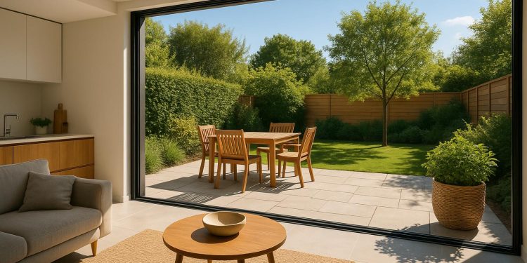 Sunny open-plan living space with modern decor and greenery, highlighting open-area lifestyle benefits