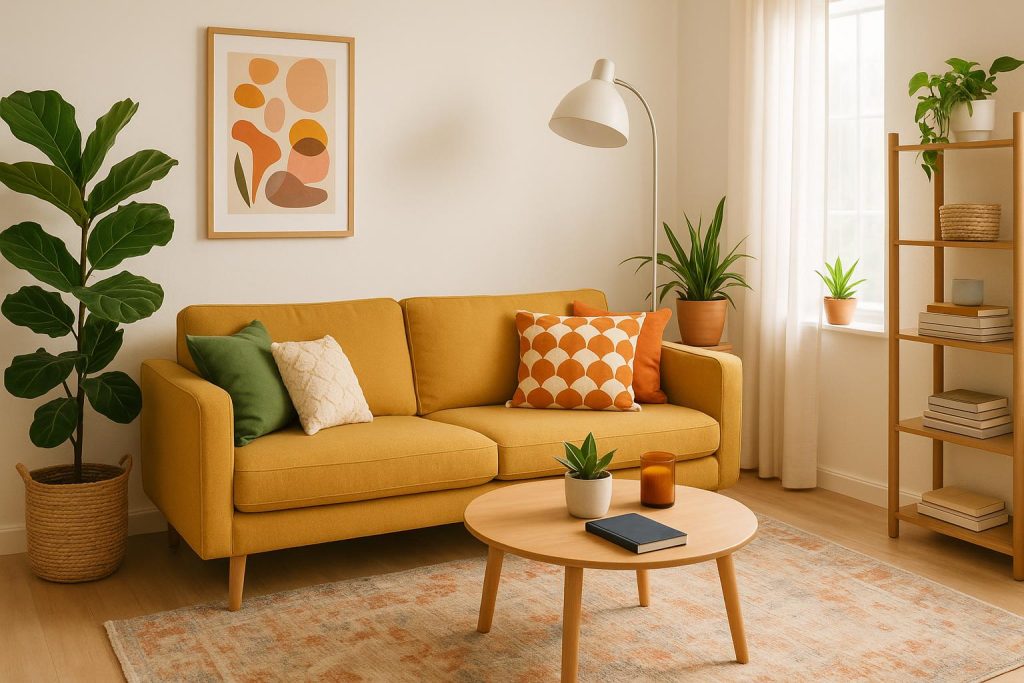 Bright living room with vibrant plants, colorful cushions, and modern decor for a lively home