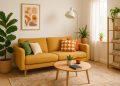 Bright living room with vibrant plants, colorful cushions, and modern decor for a lively home