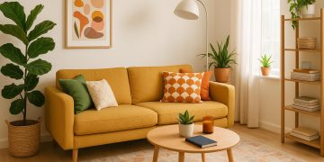 Bright living room with vibrant plants, colorful cushions, and modern decor for a lively home