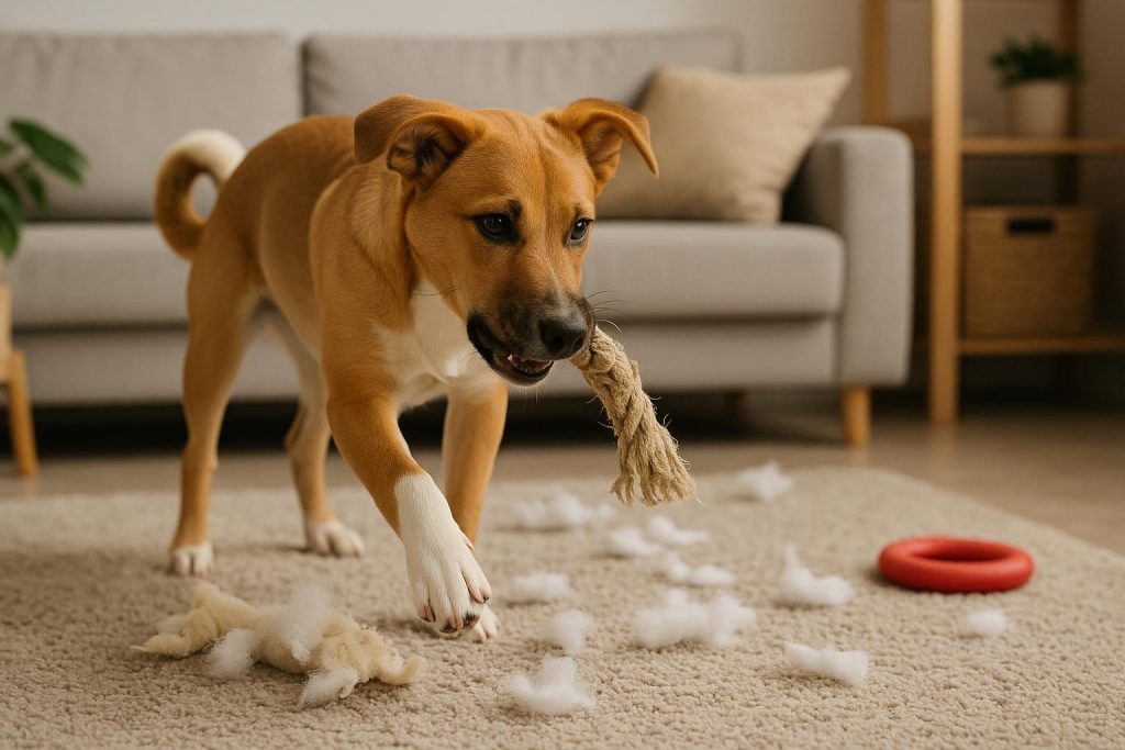Calm golden retriever chewing a toy in a cozy living room, promoting positive dog behavior