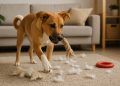 Calm golden retriever chewing a toy in a cozy living room, promoting positive dog behavior
