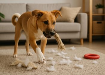 Calm golden retriever chewing a toy in a cozy living room, promoting positive dog behavior