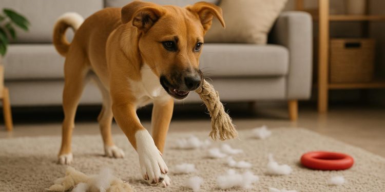Calm golden retriever chewing a toy in a cozy living room, promoting positive dog behavior