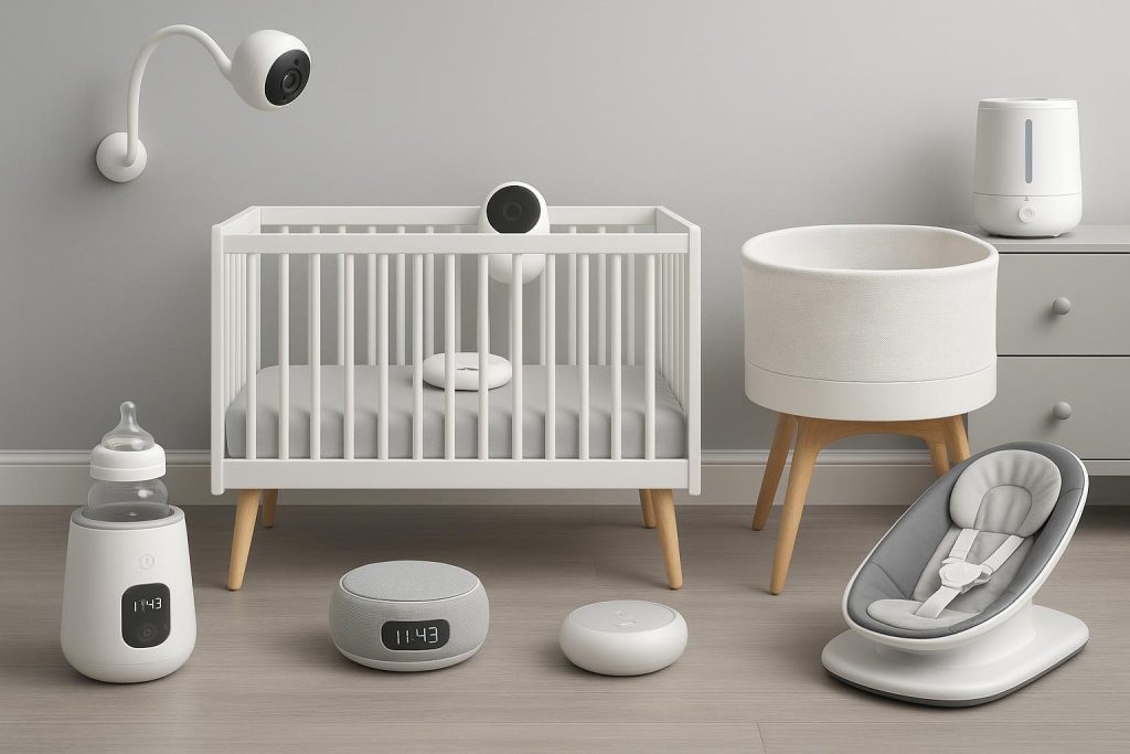 Smart nursery setup featuring tech-enabled baby monitor, crib, and connected baby gear
