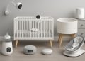 Smart nursery setup featuring tech-enabled baby monitor, crib, and connected baby gear
