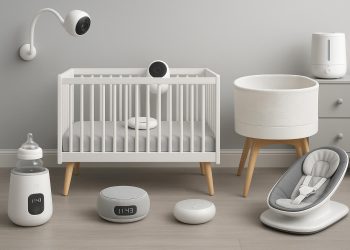 Smart nursery setup featuring tech-enabled baby monitor, crib, and connected baby gear