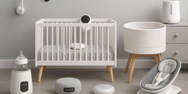 Smart nursery setup featuring tech-enabled baby monitor, crib, and connected baby gear