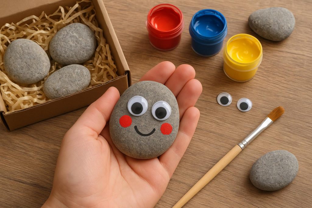 Hand-painted pet rock with googly eyes and colorful decorations on a wooden surface