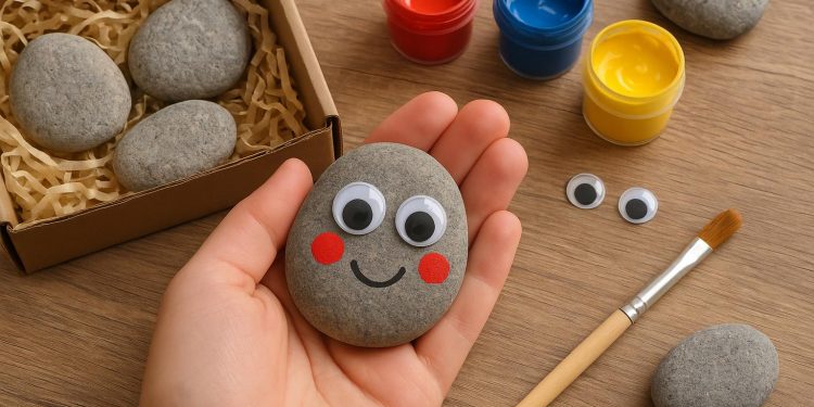 Hand-painted pet rock with googly eyes and colorful decorations on a wooden surface