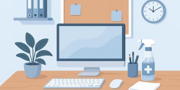 Organized desk with neatly arranged supplies and tidy workspace promoting cleanliness