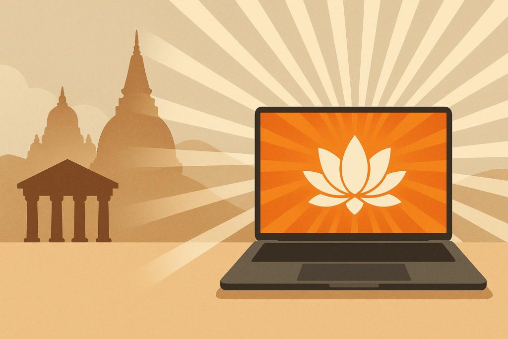 Modern spiritual leader teaching followers online through digital platforms and virtual communities