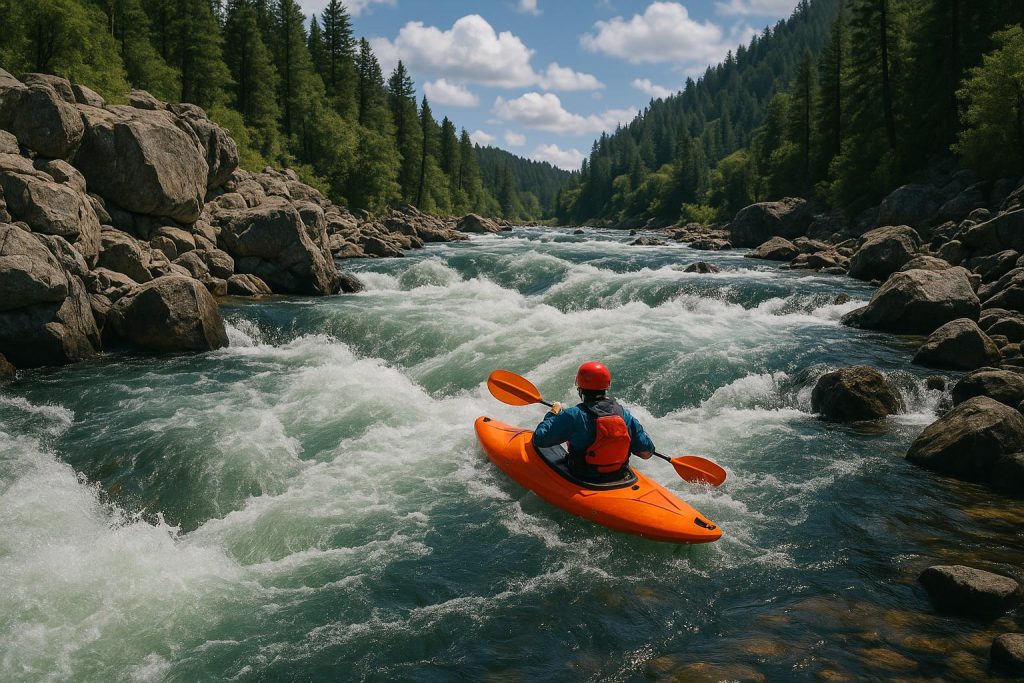 Whitewater river with visible rapids and rocks illustrating kayaking difficulty levels