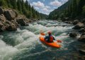 Whitewater river with visible rapids and rocks illustrating kayaking difficulty levels