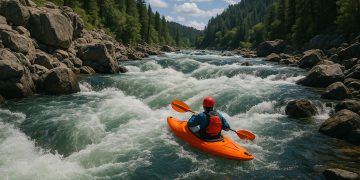 Whitewater river with visible rapids and rocks illustrating kayaking difficulty levels