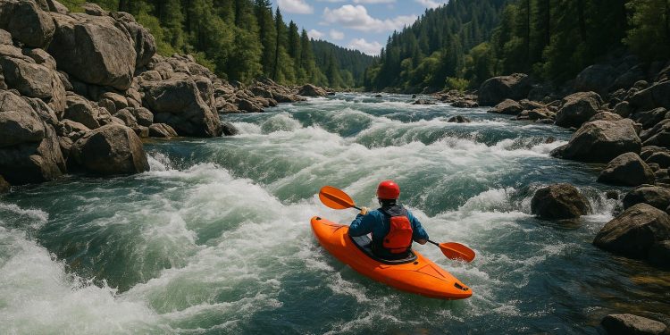Whitewater river with visible rapids and rocks illustrating kayaking difficulty levels