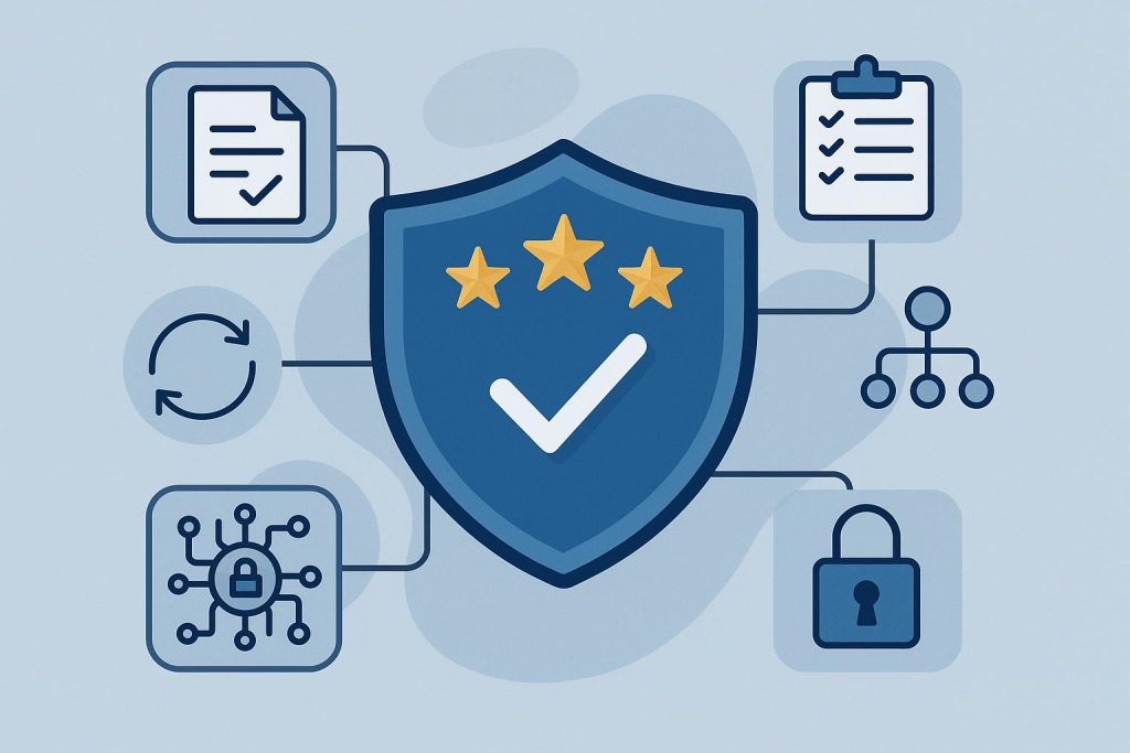 CMMC compliance process illustrated with security controls, assessment checklist, and readiness steps