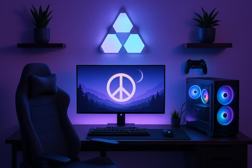Modern gaming room with ergonomic setup, LED lighting, and immersive entertainment equipment