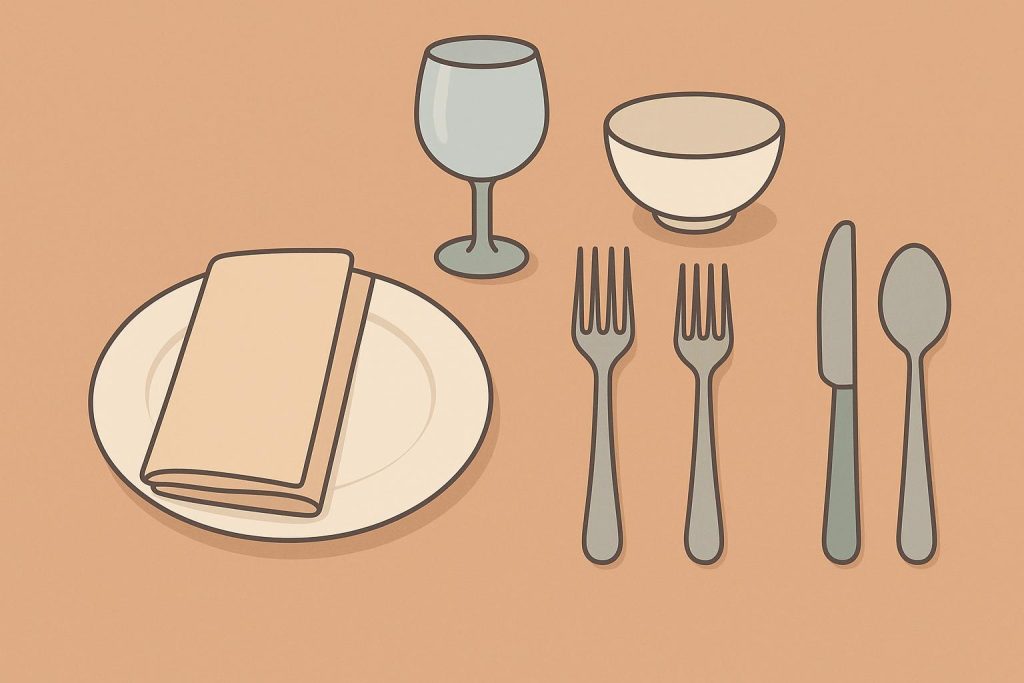 Elegant table setting displaying proper mealtime etiquette with neatly arranged dishes and utensils.