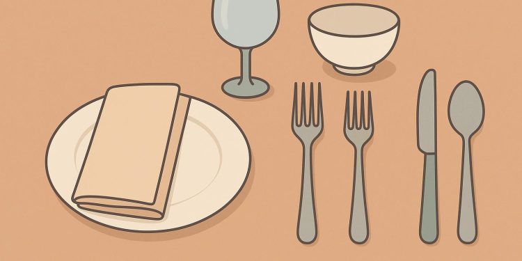 Elegant table setting displaying proper mealtime etiquette with neatly arranged dishes and utensils.