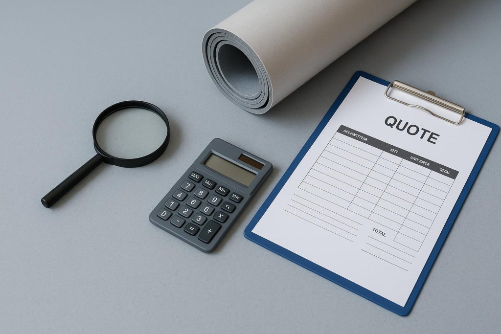 Cleanroom PVC flooring samples with pricing sheets arranged for comparison and evaluation