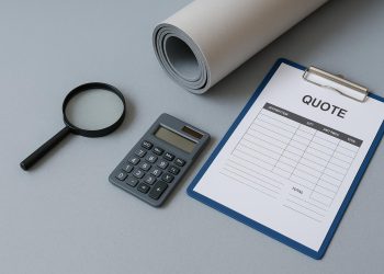 Cleanroom PVC flooring samples with pricing sheets arranged for comparison and evaluation