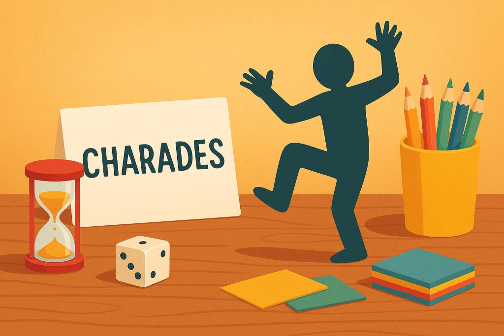 Family enjoying a lively charades game together, illustrating bonding and shared laughter