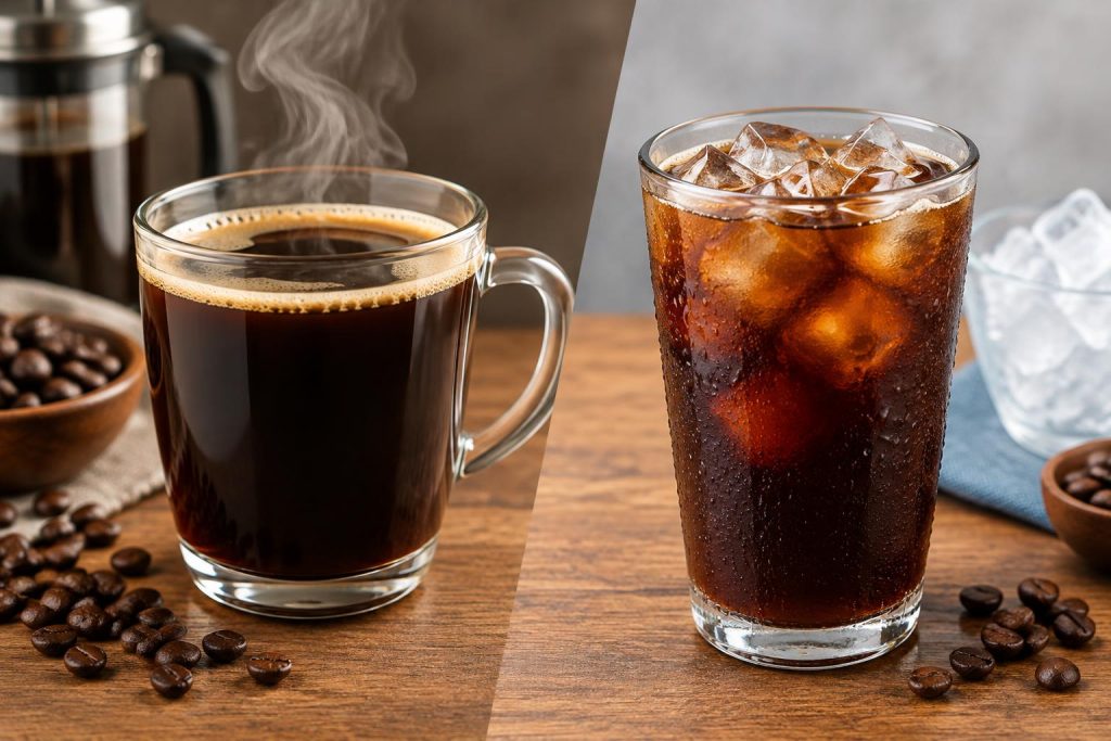 Freshly brewed hot and iced Caffé Americano in glass and ceramic cups on coffee beans