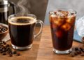 Freshly brewed hot and iced Caffé Americano in glass and ceramic cups on coffee beans