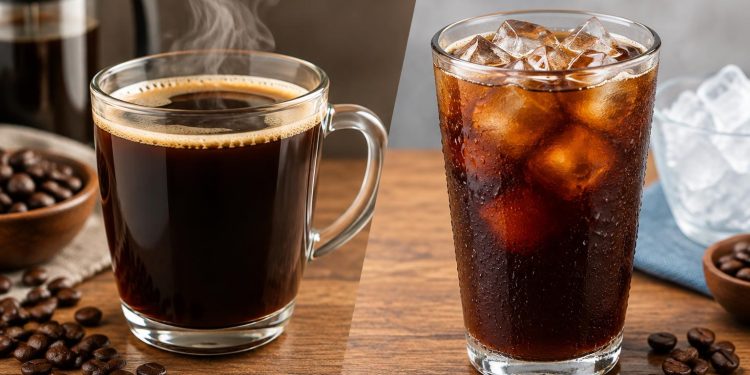 Freshly brewed hot and iced Caffé Americano in glass and ceramic cups on coffee beans